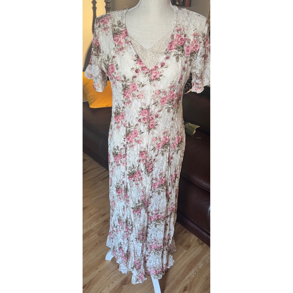Vtg 90s Sz S Floral Lace Maxi Dress V-Neck Cottagecore Country Romantic Prarier